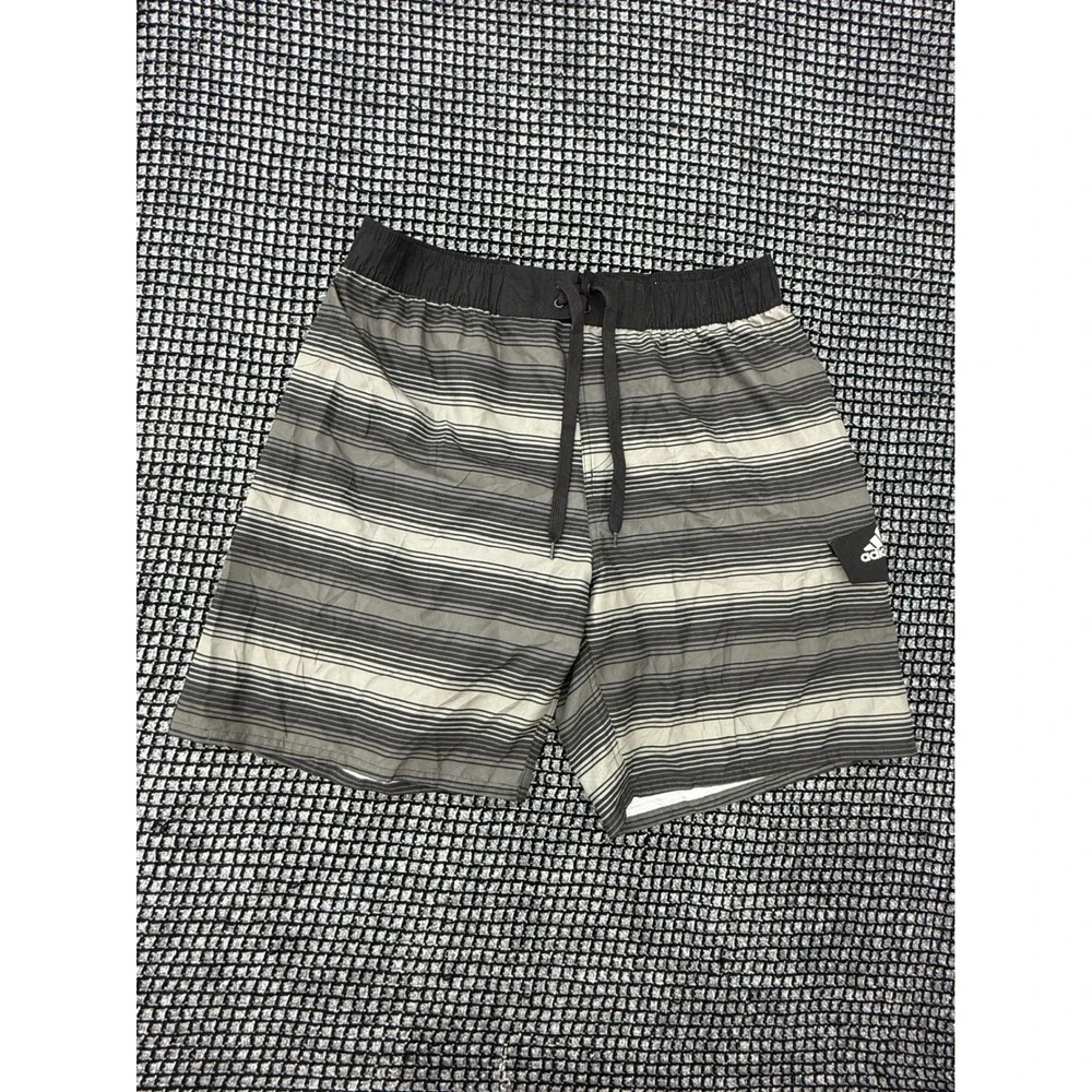 Adidas Board Shorts Mens XL Black Grey Excellent Striped Mesh Lined‎ Swim Trunks